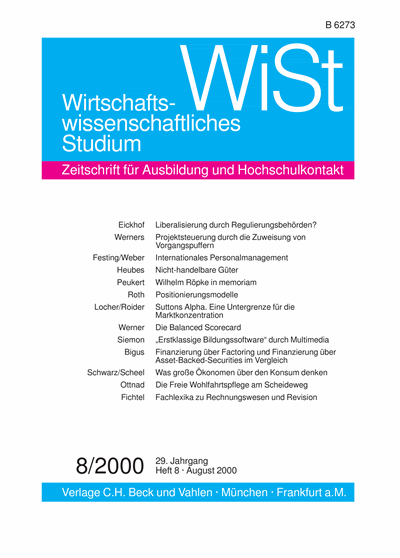 Cover der Ausgabe: WiSt - Wirtschaftswissenschaftliches Studium Jahrgang 29 (2000), Heft 8