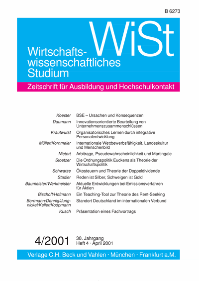 Cover der Ausgabe: WiSt - Wirtschaftswissenschaftliches Studium Jahrgang 30 (2001), Heft 4