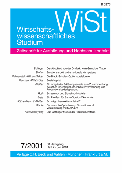 Cover der Ausgabe: WiSt - Wirtschaftswissenschaftliches Studium Jahrgang 30 (2001), Heft 7