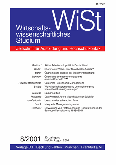 Cover der Ausgabe: WiSt - Wirtschaftswissenschaftliches Studium Jahrgang 30 (2001), Heft 8