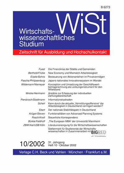 Cover der Ausgabe: WiSt - Wirtschaftswissenschaftliches Studium Jahrgang 31 (2002), Heft 10