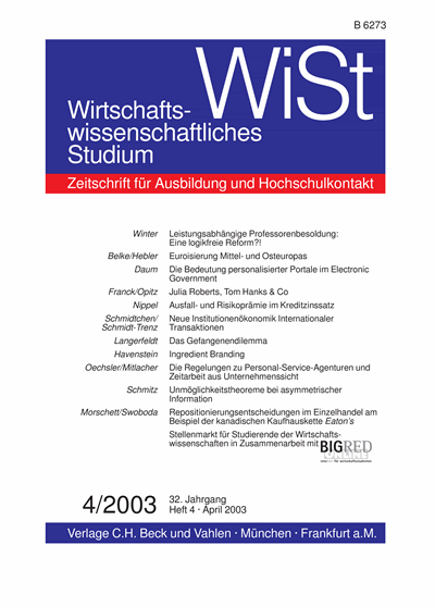 Cover der Ausgabe: WiSt - Wirtschaftswissenschaftliches Studium Jahrgang 32 (2003), Heft 4