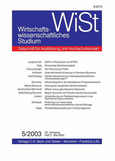 Cover der Ausgabe: WiSt - Wirtschaftswissenschaftliches Studium Jahrgang 32 (2003), Heft 5