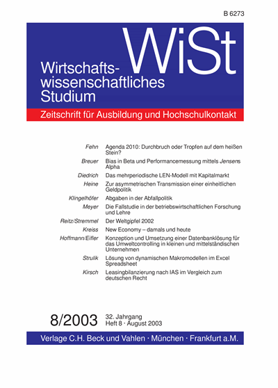 Cover der Ausgabe: WiSt - Wirtschaftswissenschaftliches Studium Jahrgang 32 (2003), Heft 8