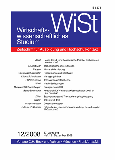 Cover der Ausgabe: WiSt - Wirtschaftswissenschaftliches Studium Jahrgang 37 (2008), Heft 12