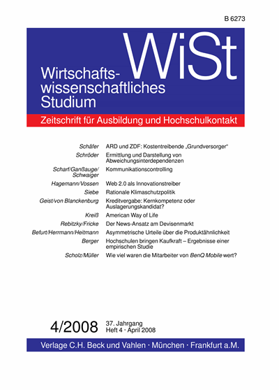 Cover der Ausgabe: WiSt - Wirtschaftswissenschaftliches Studium Jahrgang 37 (2008), Heft 4
