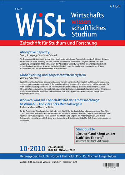 Cover der Ausgabe: WiSt - Wirtschaftswissenschaftliches Studium Jahrgang 39 (2010), Heft 10