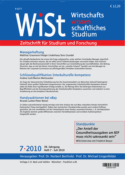 Cover der Ausgabe: WiSt - Wirtschaftswissenschaftliches Studium Jahrgang 39 (2010), Heft 7
