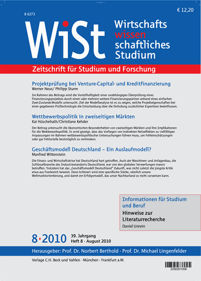 Cover der Ausgabe: WiSt - Wirtschaftswissenschaftliches Studium Jahrgang 39 (2010), Heft 8
