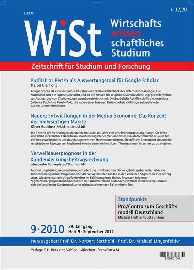 Cover der Ausgabe: WiSt - Wirtschaftswissenschaftliches Studium Jahrgang 39 (2010), Heft 9