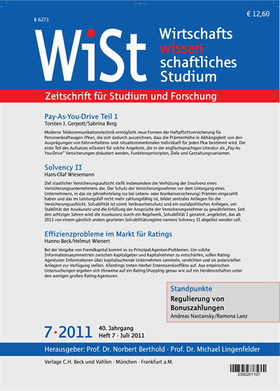 Cover der Ausgabe: WiSt - Wirtschaftswissenschaftliches Studium Jahrgang 40 (2011), Heft 7