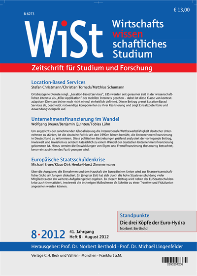 Cover der Ausgabe: WiSt - Wirtschaftswissenschaftliches Studium Jahrgang 41 (2012), Heft 8