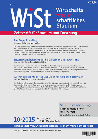 Cover der Ausgabe: WiSt - Wirtschaftswissenschaftliches Studium Jahrgang 44 (2015), Heft 10