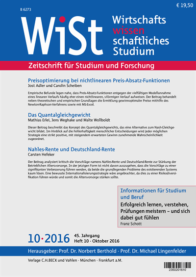 Cover der Ausgabe: WiSt - Wirtschaftswissenschaftliches Studium Jahrgang 45 (2016), Heft 10