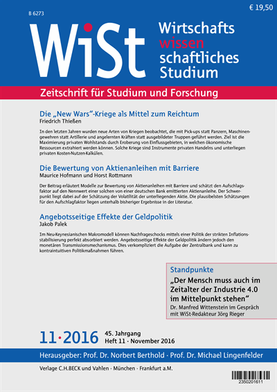 Cover der Ausgabe: WiSt - Wirtschaftswissenschaftliches Studium Jahrgang 45 (2016), Heft 11