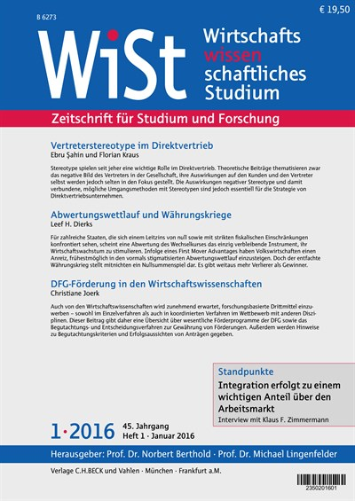 Cover der Ausgabe: WiSt - Wirtschaftswissenschaftliches Studium Jahrgang 45 (2016), Heft 1