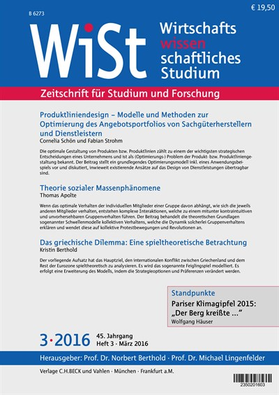 Cover der Ausgabe: WiSt - Wirtschaftswissenschaftliches Studium Jahrgang 45 (2016), Heft 3