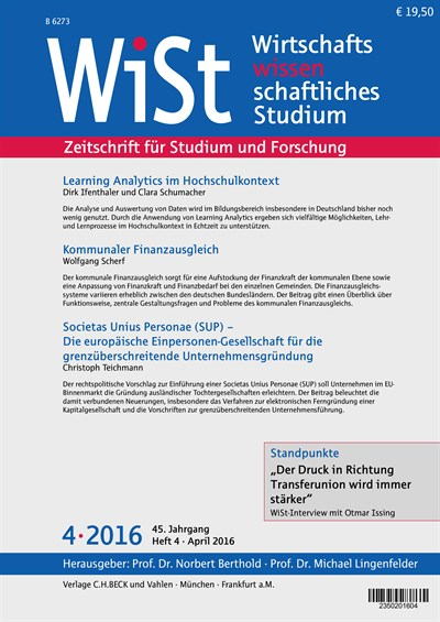 Cover der Ausgabe: WiSt - Wirtschaftswissenschaftliches Studium Jahrgang 45 (2016), Heft 4
