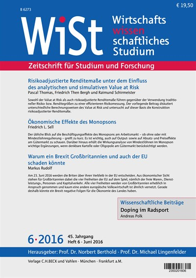 Cover der Ausgabe: WiSt - Wirtschaftswissenschaftliches Studium Jahrgang 45 (2016), Heft 6
