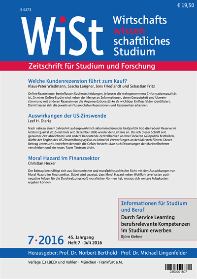 Cover der Ausgabe: WiSt - Wirtschaftswissenschaftliches Studium Jahrgang 45 (2016), Heft 7