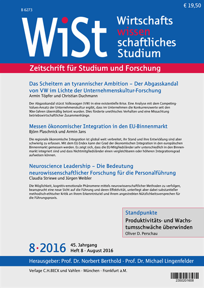 Cover der Ausgabe: WiSt - Wirtschaftswissenschaftliches Studium Jahrgang 45 (2016), Heft 8