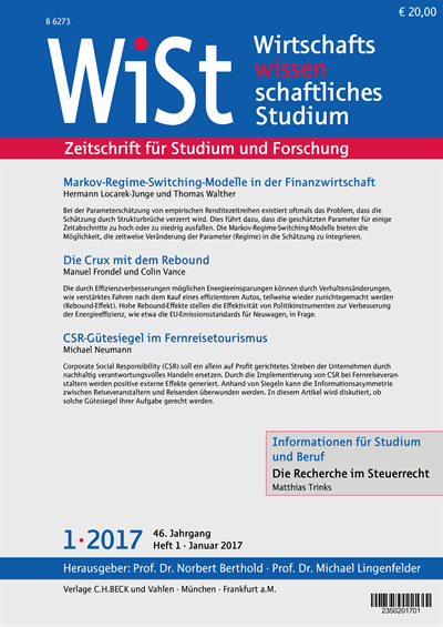 Cover der Ausgabe: WiSt - Wirtschaftswissenschaftliches Studium Jahrgang 46 (2017), Heft 01