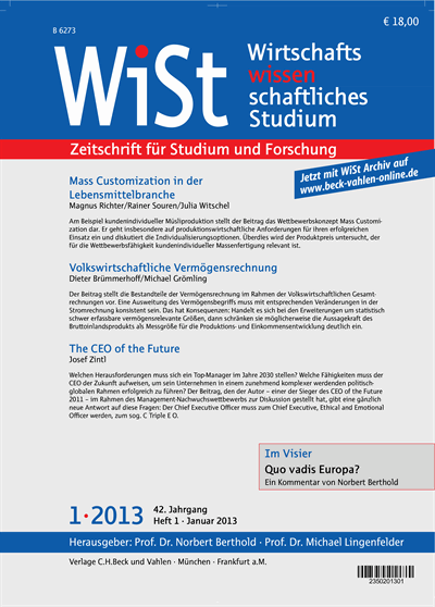 Cover der Ausgabe: WiSt - Wirtschaftswissenschaftliches Studium Jahrgang 42 (2013), Heft 1