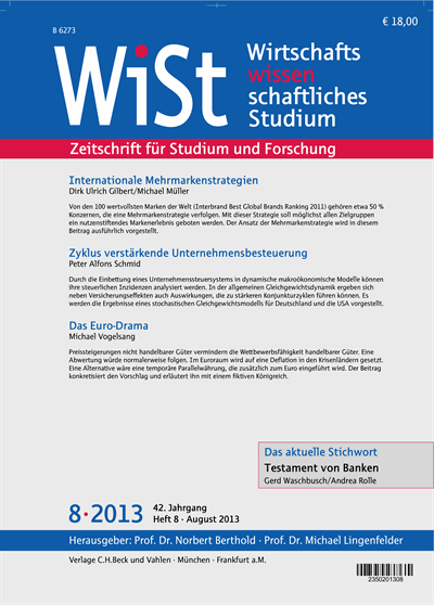 Cover der Ausgabe: WiSt - Wirtschaftswissenschaftliches Studium Jahrgang 42 (2013), Heft 8
