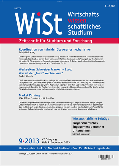 Cover der Ausgabe: WiSt - Wirtschaftswissenschaftliches Studium Jahrgang 42 (2013), Heft 9