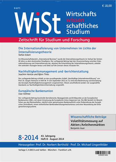 Cover der Ausgabe: WiSt - Wirtschaftswissenschaftliches Studium Jahrgang 43 (2014), Heft 8