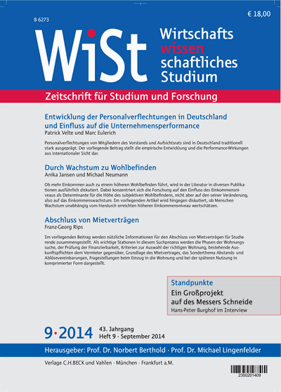 Cover der Ausgabe: WiSt - Wirtschaftswissenschaftliches Studium Jahrgang 43 (2014), Heft 9