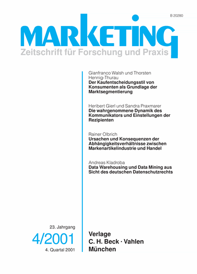 Cover der Ausgabe: Marketing ZFP Jahrgang 23 (2001), Heft 4