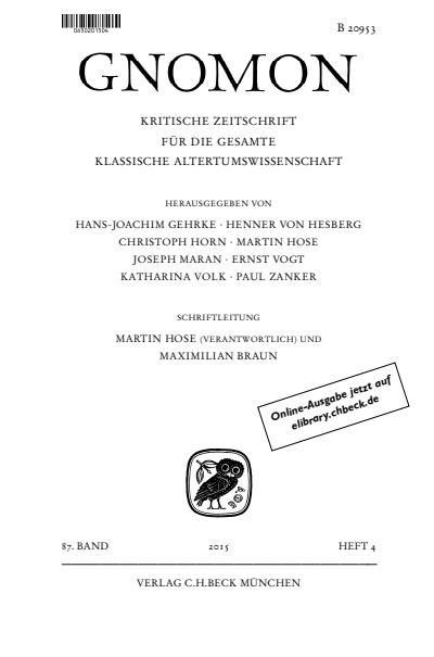 Cover der Ausgabe: Gnomon Jahrgang 87 (2015), Heft 4