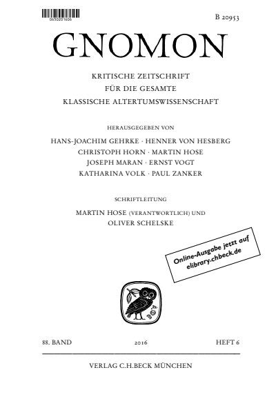 Cover der Ausgabe: Gnomon Jahrgang 88 (2016), Heft 6