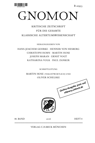 Cover der Ausgabe: Gnomon Jahrgang 88 (2016), Heft 8