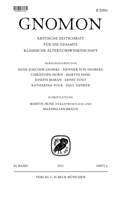 Cover der Ausgabe: Gnomon Jahrgang 83 (2011), Heft 6
