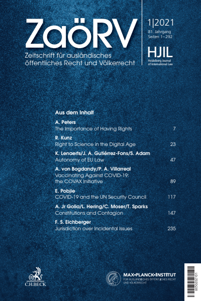 Cover der Ausgabe: Zeitschrift für ausländisches öffentliches Recht und Völkerrecht / Heidelberg Journal of International Law Jahrgang 81 (2021), Heft 1