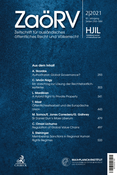 Cover der Ausgabe: Zeitschrift für ausländisches öffentliches Recht und Völkerrecht / Heidelberg Journal of International Law Jahrgang 81 (2021), Heft 2