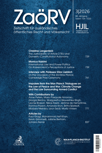 Cover der Ausgabe: Zeitschrift für ausländisches öffentliches Recht und Völkerrecht / Heidelberg Journal of International Law Jahrgang 86 (2026), Heft 3