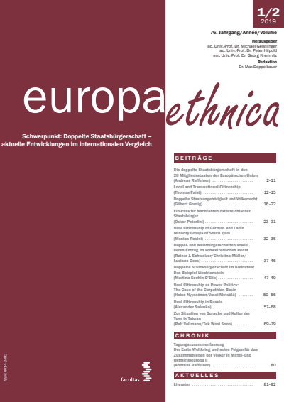 Cover der Ausgabe: europa ethnica Jahrgang 76 (2019), Heft 1-2