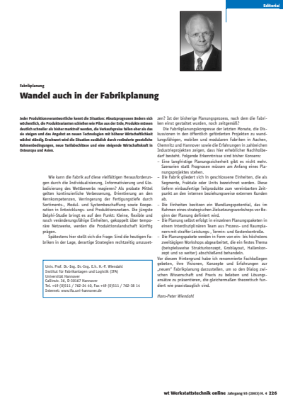 Cover der Ausgabe: wt Werkstattstechnik online Jahrgang 93 (2003), Heft 4