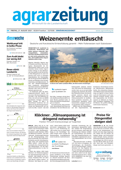 Cover der Ausgabe: agrarzeitung Jahrgang 76 (2021), Heft 34