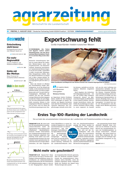 Cover der Ausgabe: agrarzeitung Jahrgang 77 (2022), Heft 31