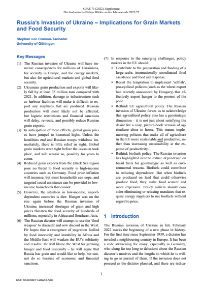 Cover der Ausgabe: GJAE - German Journal of Agricultural Economics Jahrgang 71 (2022), Heft Supplement