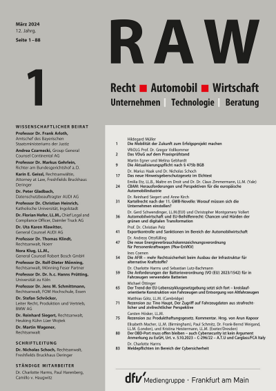 Cover der Ausgabe: Recht, Automobil, Wirtschaft Jahrgang 5 (2024), Heft 1