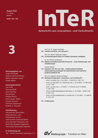 Cover der Ausgabe: Zeitschrift zum Innovations- und Technikrecht Jahrgang 6 (2025), Heft 3