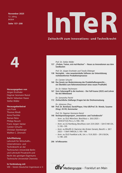Cover der Ausgabe: Zeitschrift zum Innovations- und Technikrecht Jahrgang 6 (2025), Heft 4