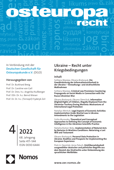 Cover der Ausgabe: OER Osteuropa Recht Jahrgang 68 (2022), Heft 4