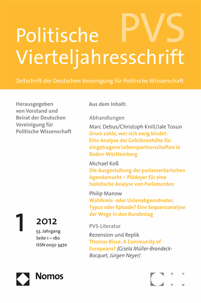 Cover der Ausgabe: PVS Politische Vierteljahresschrift Jahrgang 53 (2012), Heft 1