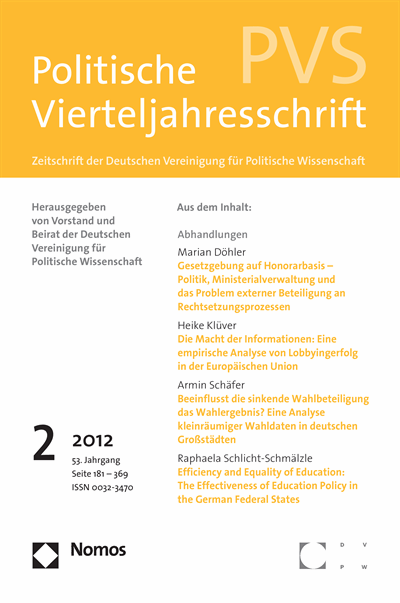 Cover der Ausgabe: PVS Politische Vierteljahresschrift Jahrgang 53 (2012), Heft 2